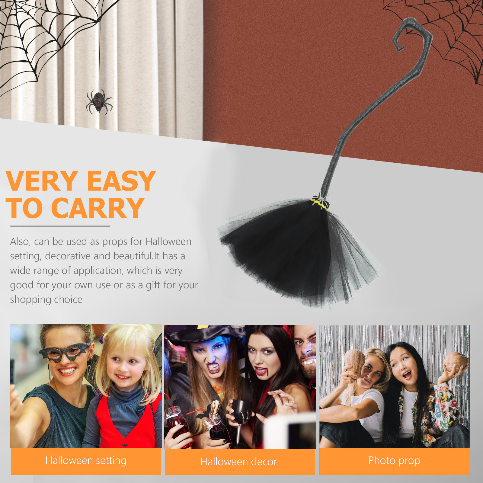 Detachable Cosplay Prop - Halloween Witch Broom Plastic Gauze Comfortable